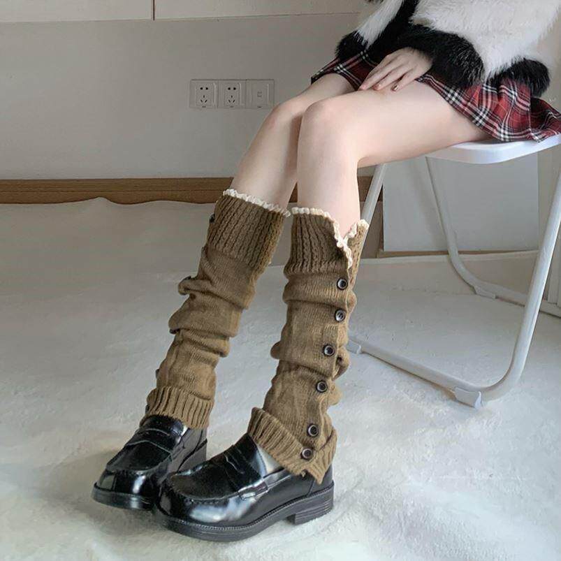 美拉德针织中筒堆堆袜套女配雪地靴子y2k辣妹花边纽扣腿套学院风