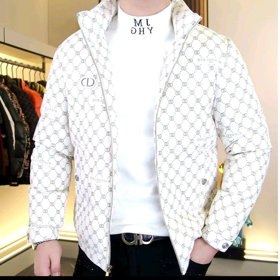 欧货男士冬季修身时尚立领印花外套帅气修身百搭潮流保暖羽绒服