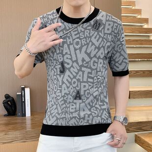T恤男士 体恤男装 夏季 透气半袖 25188 时尚 高档圆领提花冰丝针织短袖