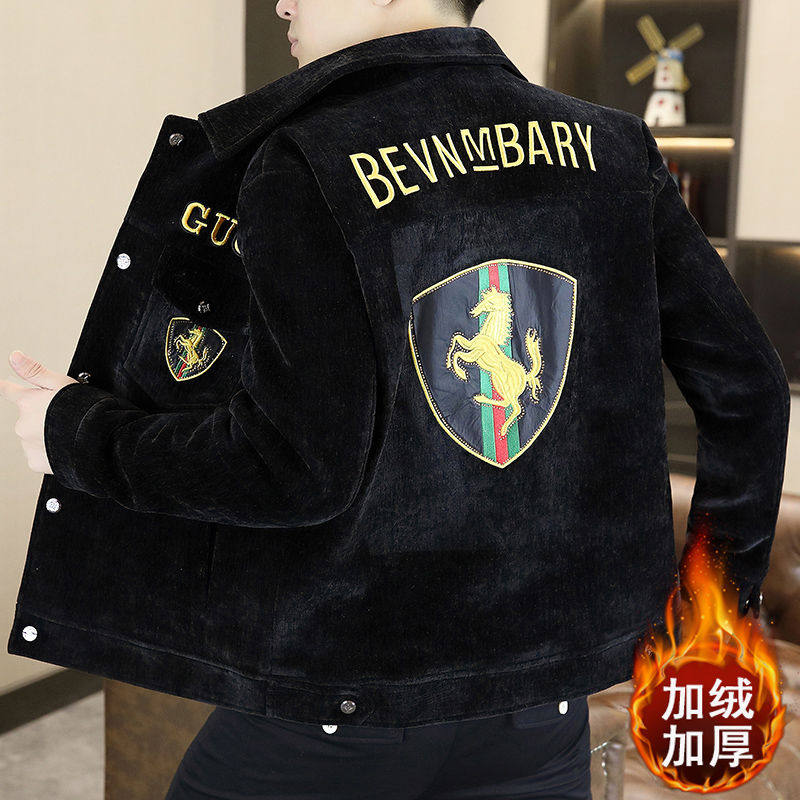 2024翻领夹克外套男士秋冬新款加绒时尚百搭刺绣战马修身潮流上衣