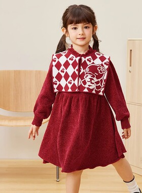 bduck小黄鸭女童连衣裙2025秋季新款洋气儿童公主裙红色女孩裙子