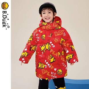 bduck小黄鸭冬装加厚男童羽绒服中长款冬季儿童保暖外套满印上衣