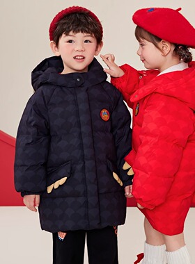 bduck小黄鸭女童羽绒服中长款冬季新年红色男童宝宝过年拜年衣服