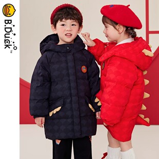 bduck小黄鸭女童羽绒服中长款冬季新年红色男童宝宝过年拜年衣服