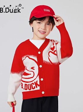 bduck小黄鸭男童开衫毛衣2026秋冬新款儿童红色针织衫小男孩上衣