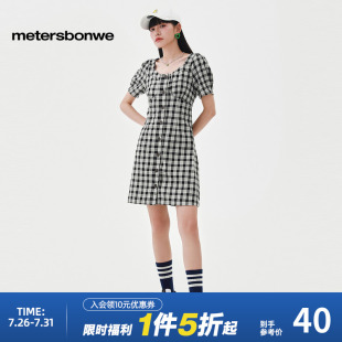 美特斯邦威时尚 潮流格纹提花休闲连衣裙女春秋校园风高腰黑色裙子