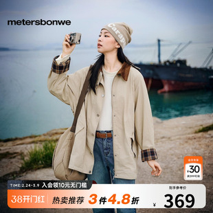 美特斯邦威夹克女春新款灯芯绒翻领连帽中长款复古美式外套　