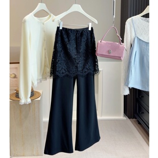 高腰显瘦休闲喇叭裤 西装 新款 女春季 斜纹面料假两件蕾丝屁帘微喇裤