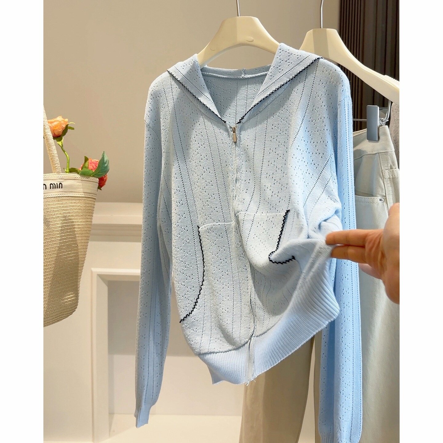 薄款连帽拉链镂空针织开衫女春夏季新款韩版穿搭减龄显瘦外搭上衣