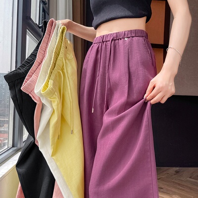 夏季天丝亚麻高腰显瘦阔腿裤