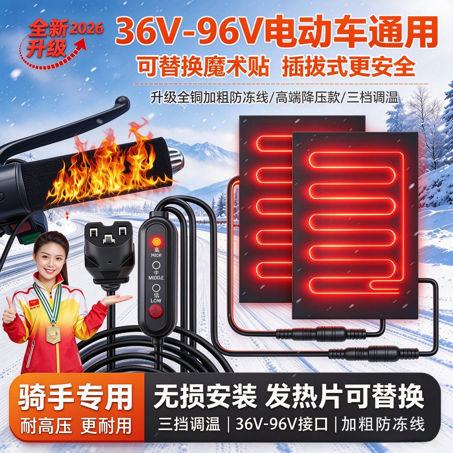 电动车加热手把套36-96v分体电加热把手电瓶车发热手柄保暖把套
