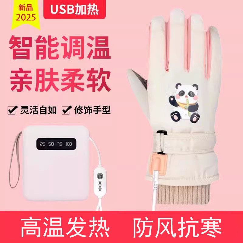 USB充电加热手套冬季天保暖电动车自带电加热发热女士款新款手套