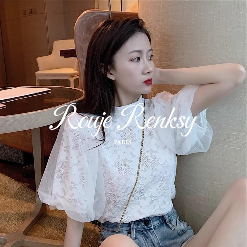 法国rouje renksy法式灯笼袖网纱蕾丝衬衫女宽松设计感短袖衬衫夏图片