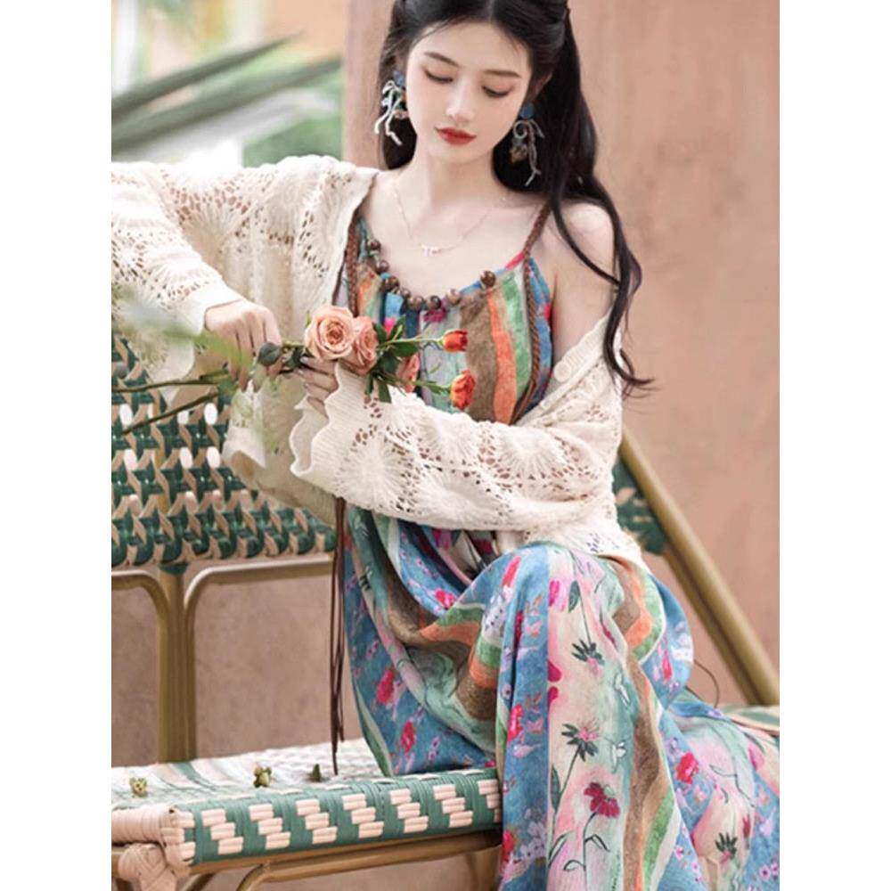 欧洲站旅游度假风长裙设计感油画印花薄款开衫宽松吊带连衣裙套装