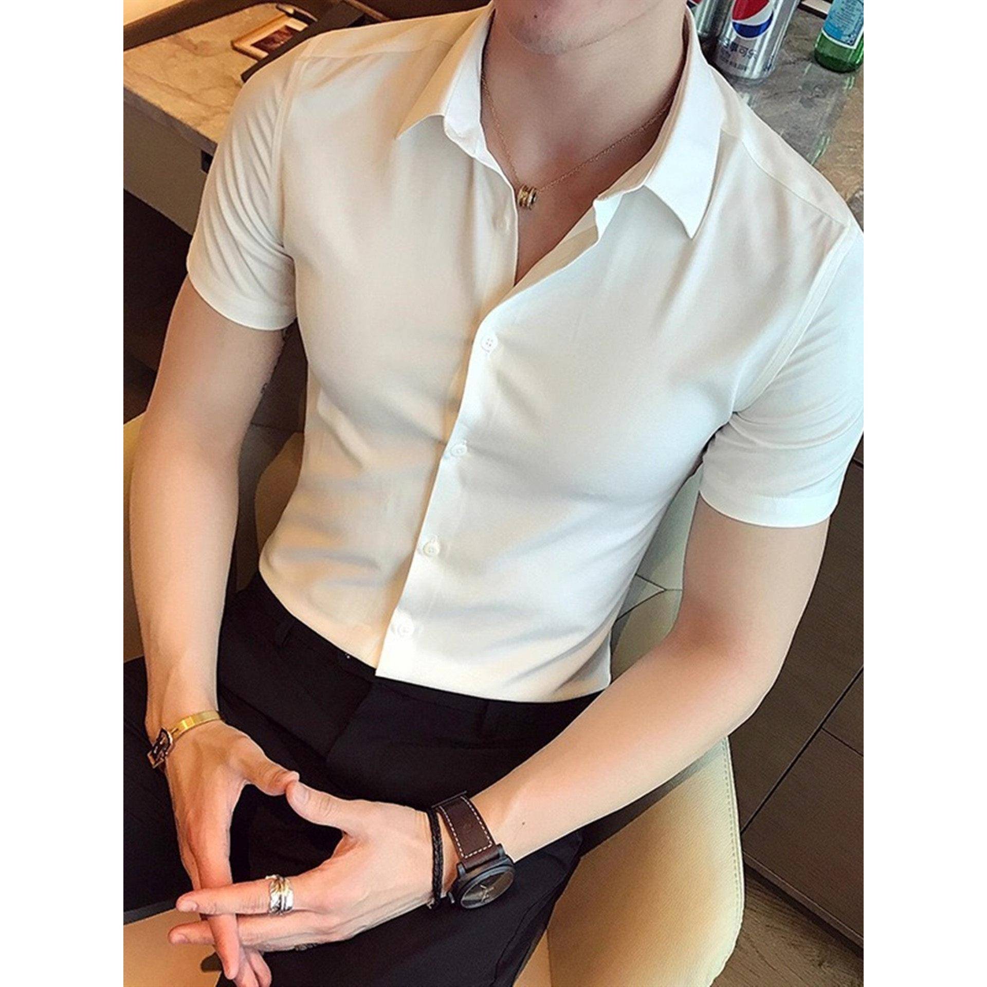 白衬衫男士短袖夏季修身韩式时尚商务正装高端休闲四分之三袖男士