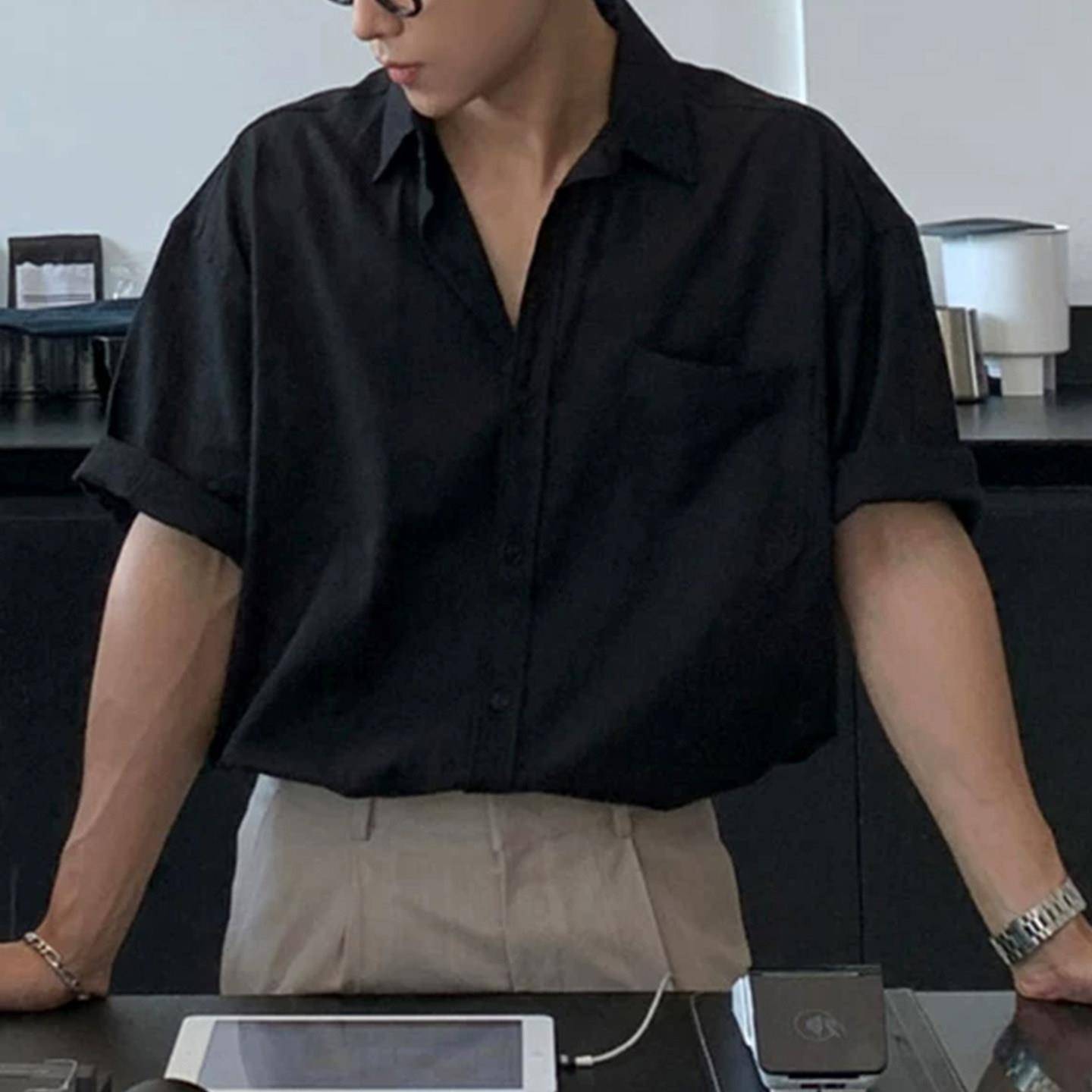 Upscale潮人 短袖衬衫男夏季薄款纯棉高级感外套港风复古小众百搭