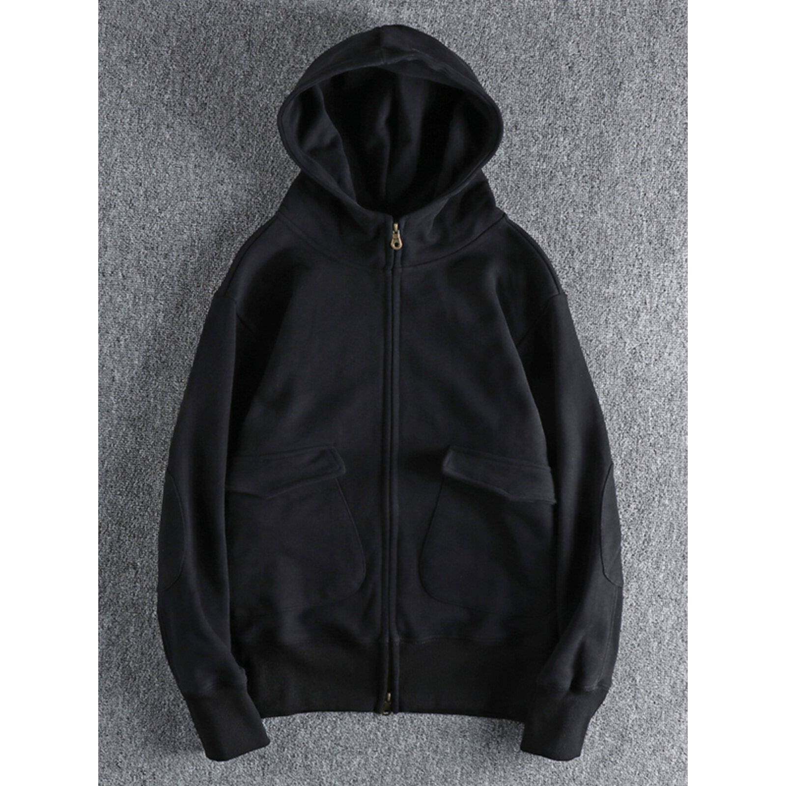 代购潮男秋冬重磅覆古纯色双拉炼开衫帽衫外套男加绒加厚连帽卫衣