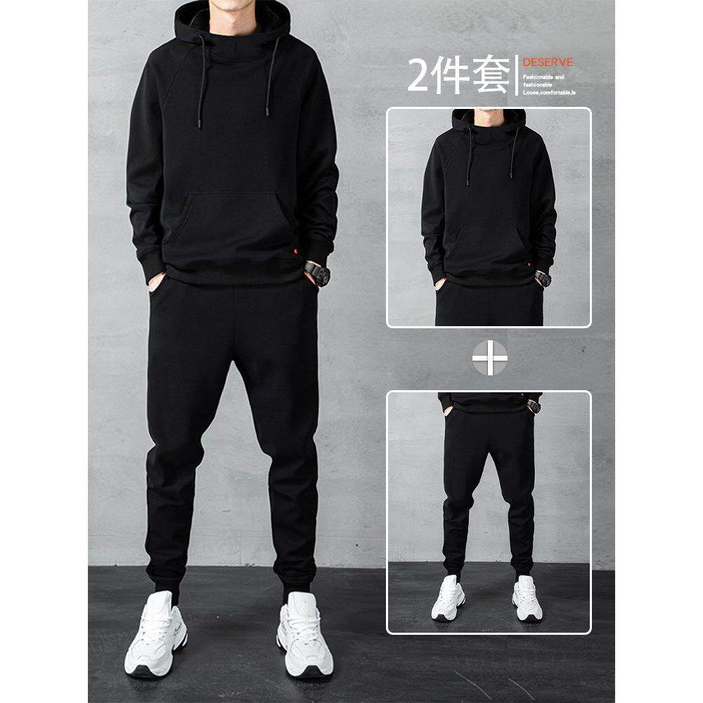 潮牌连帽黑色卫衣男士春秋季运动休闲套装美式潮流搭配帅气两件套