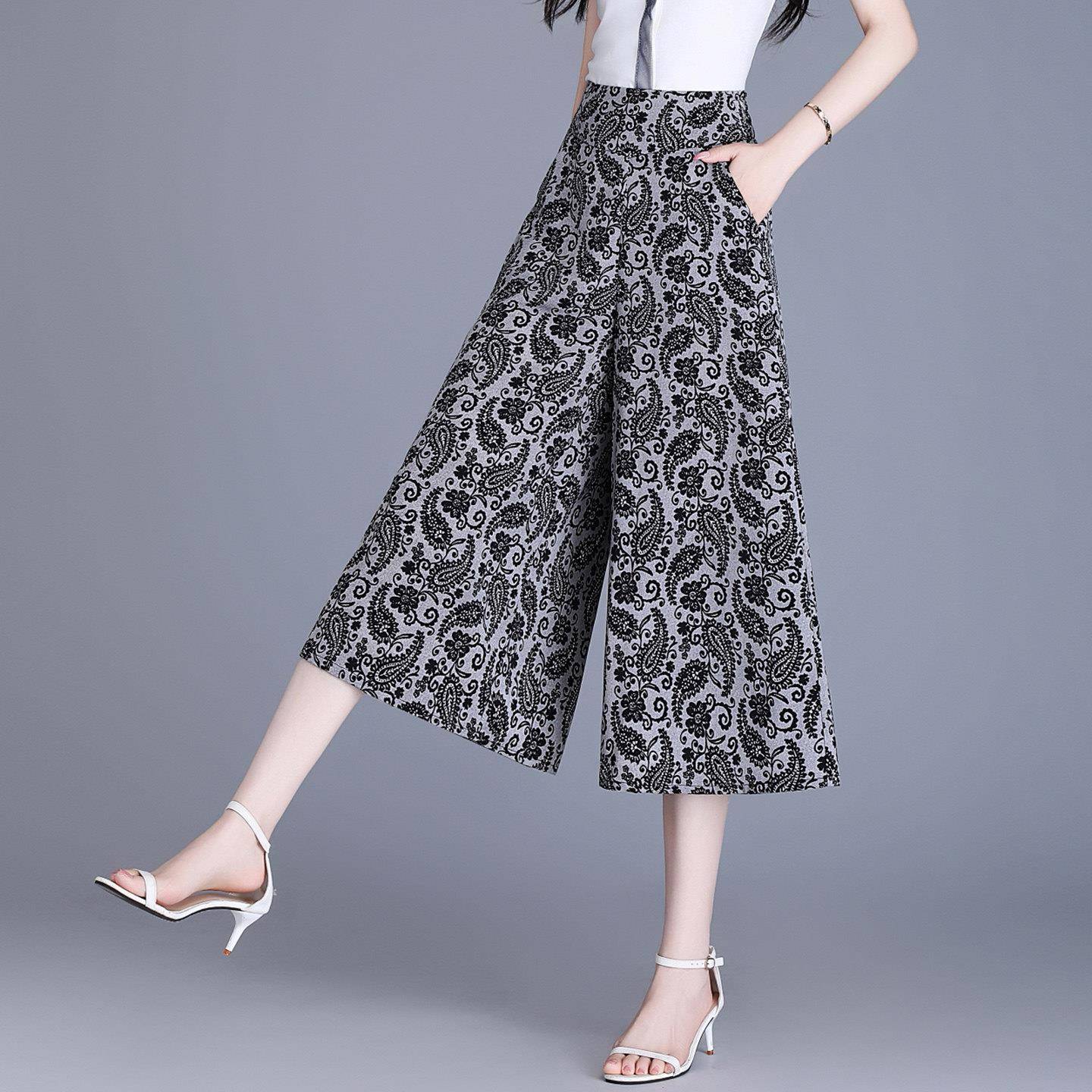 小个子印花七分裤女2025夏季薄款高腰妈妈裙裤大尺码宽松冰丝阔腿