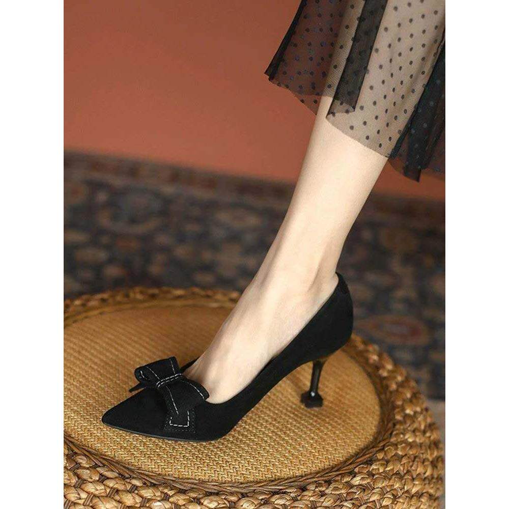 法式真皮高跟鞋女2025年春秋新款细跟黑色气质绒面软皮配裙子单鞋