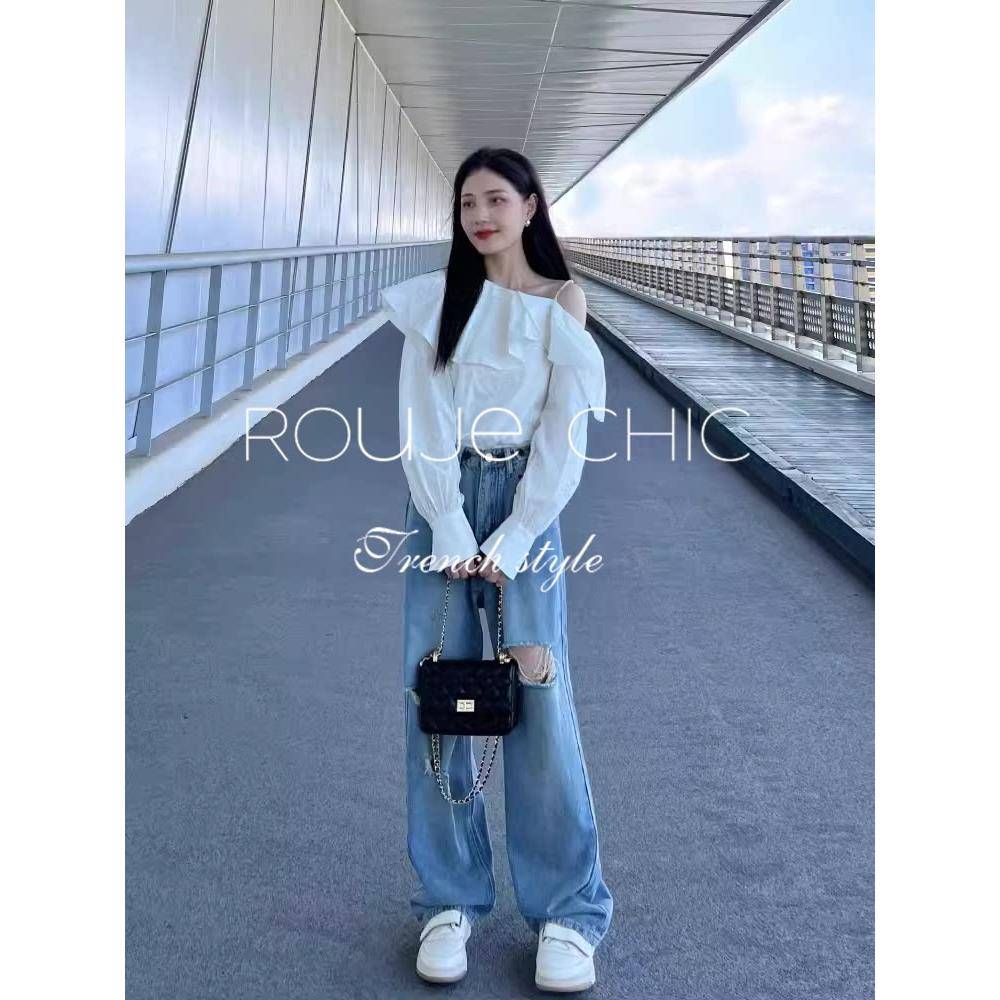 法国Rouje Chic法式荷叶边露肩衬衫破洞牛仔裤两件套女春新款套装