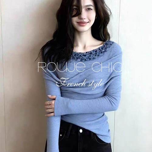 法国rouje chic春季法式蓝色花边打底针织衫设计感小众显瘦上衣女