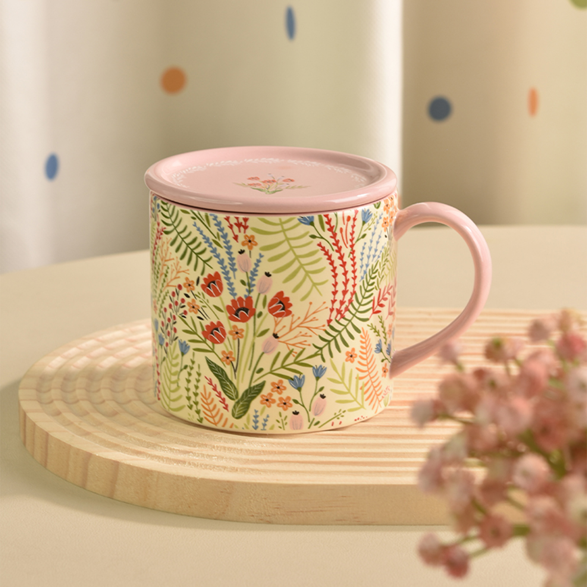PiaJi 花卉马克杯女生陶瓷咖啡情侣杯带盖喝水杯家用早餐杯