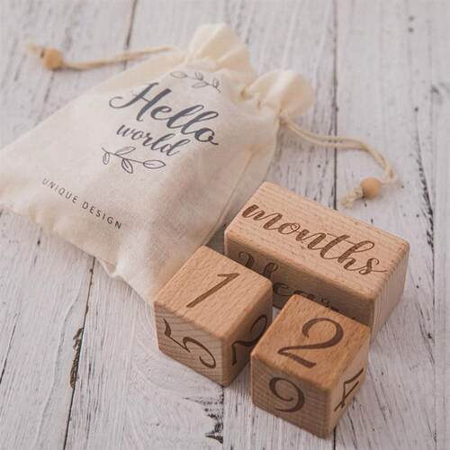 3pc/set Raw Wood Baby Month Milestone Card Beech Block Squar