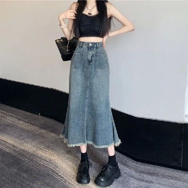 Jeans Skirt Women Denim Long Skirts Summer Vintage Skirt Si