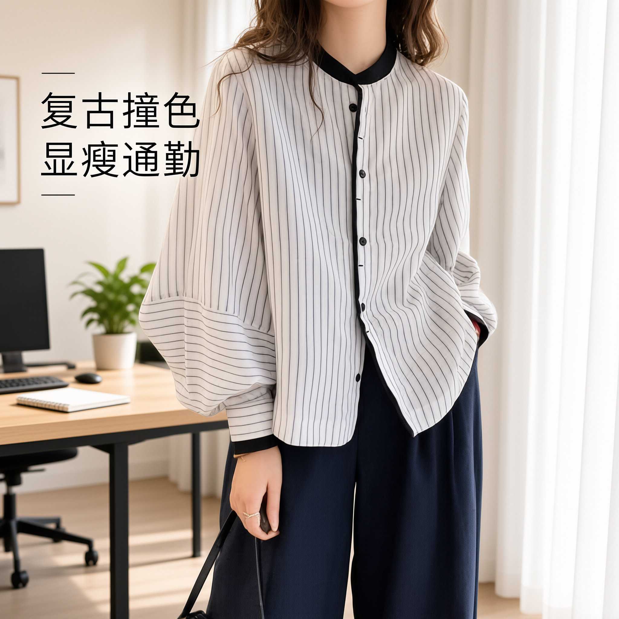 新款灯笼袖竖条纹衬衫女时尚减龄