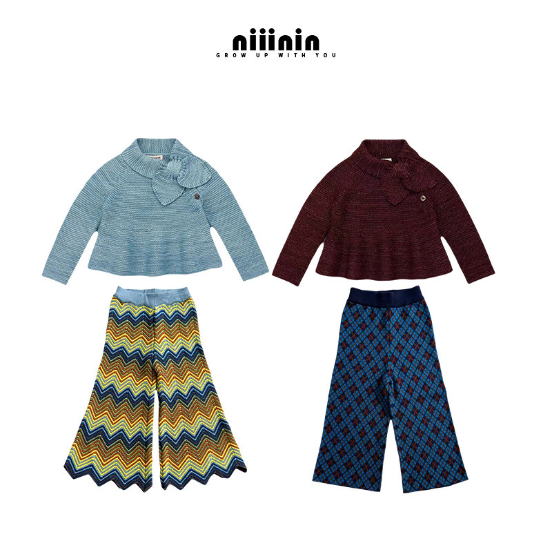 重工篙品质MP同款蝴蝶结领针织上衣女童秋冬时髦彩虹针织阔腿裤