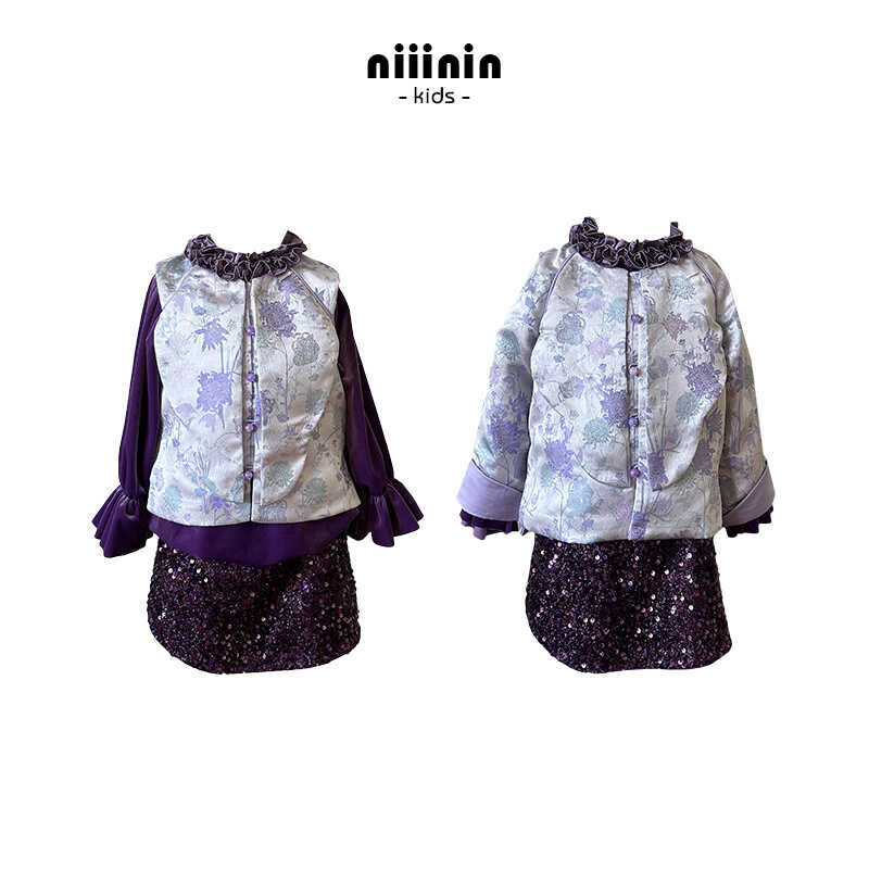 秋冬新款女童国风拜年服气质紫色提花织锦缎马甲宝宝新中式外套