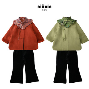 女童冬装新中式羚羊绒大衣中国风云肩旗袍汉服外套女宝宝拜年服