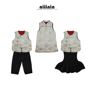 新年唐装拜年服儿童姐弟装男宝宝周岁国风马甲夹棉女童旗袍背心裙