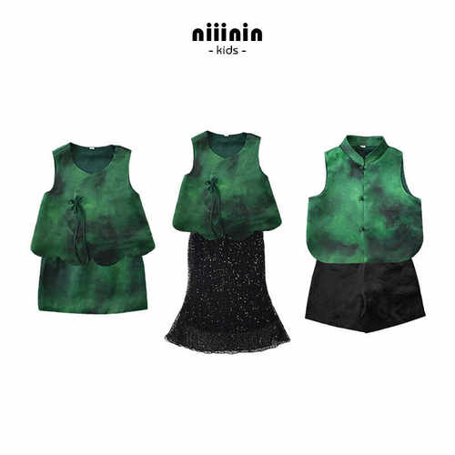 高端祖母绿香云纱马甲国风汉服夏季亲子装男女儿童唐装新中式套装