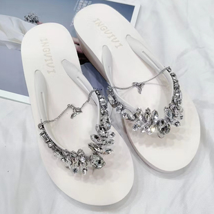 夹趾拖外穿坡跟休闲中跟沙滩凉拖鞋 人字拖女水钻时尚 新款 2023夏季