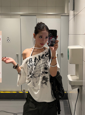 F383 美式复古斜肩蝴蝶结印花短袖T恤夏季慵懒休闲宽松上衣女ins