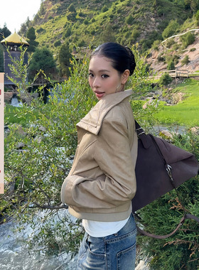 F383 美式复古拼接翻领斜边拉链修身显瘦百搭皮革夹克短外套女ins