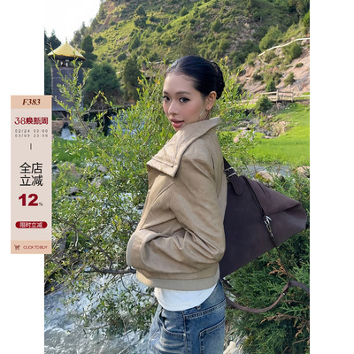 F383翻领斜边拉链夹克外套