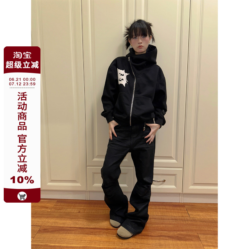F383 2025美式重磅奇异拉链发泡连帽卫衣男女潮cleanfit宽松外套