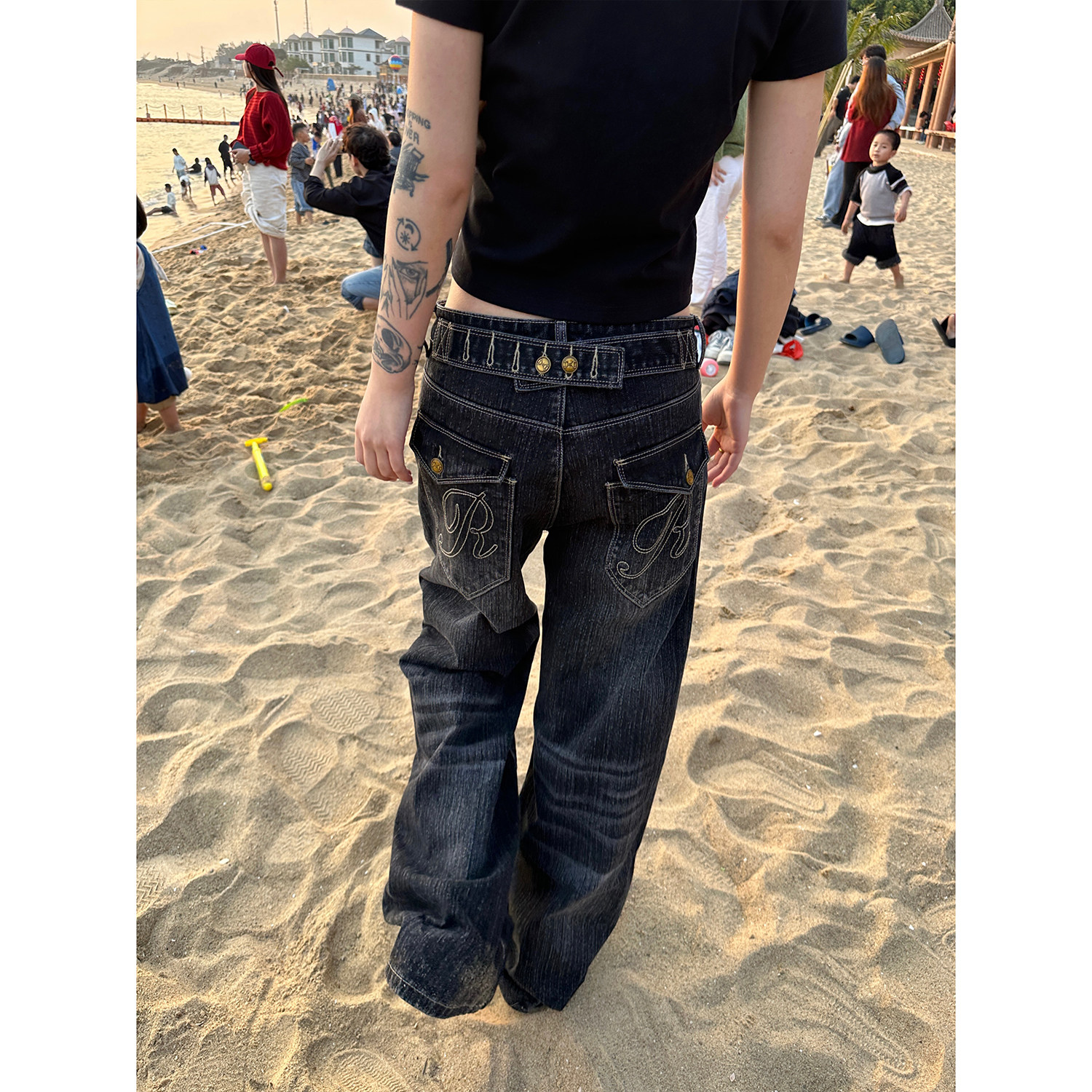 F383 美式复古巴黎扣设计竹节牛仔裤男女水洗直筒宽松百搭长裤ins