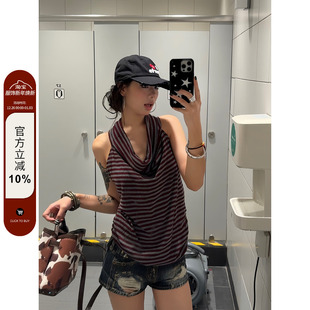无袖 复古红色条纹挂脖吊带背心夏修身 百搭辣妹上衣女ins 美式 F383