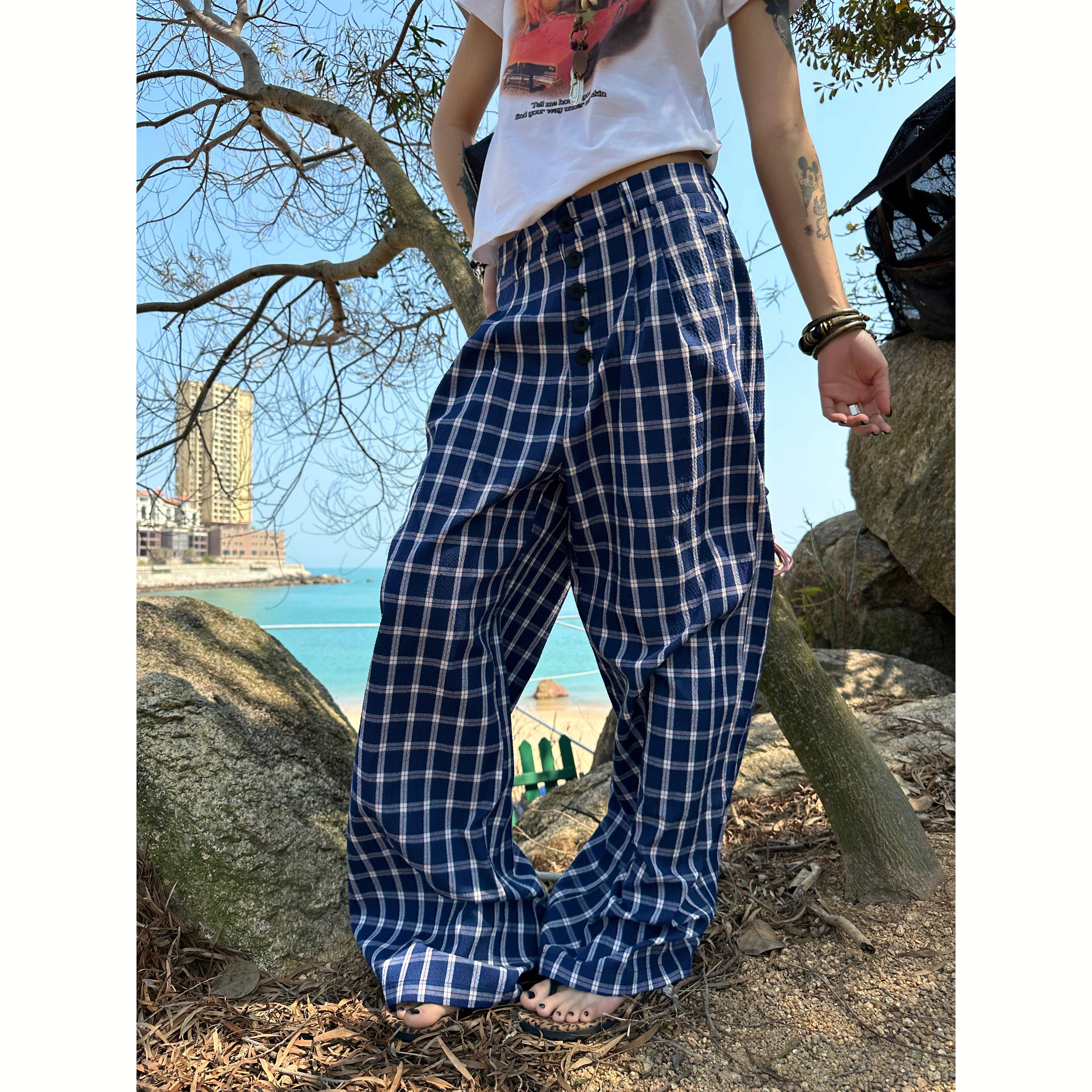 F383 2026美式复古格子休闲裤宽松慵懒风阔腿直筒拖地赵露思同款