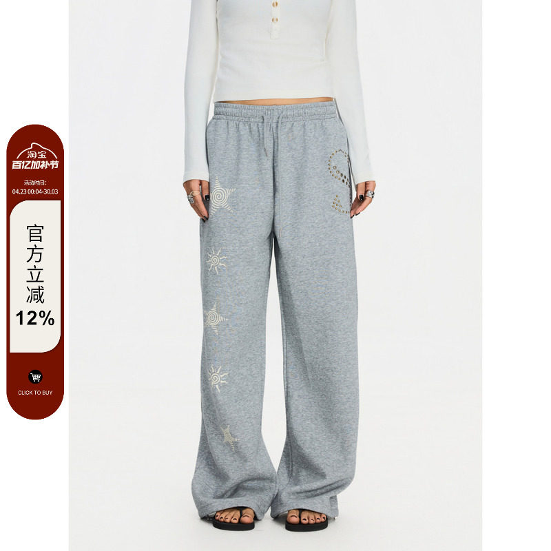 F383 美式复古印花休闲裤男女垂感百搭运动直筒阔腿松弛感卫裤ins
