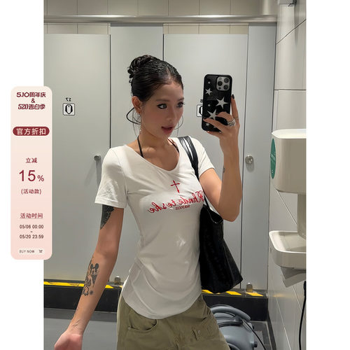 【F383】显瘦修身白色V领短袖
