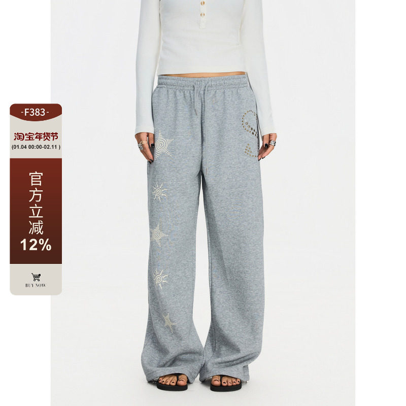 F383 美式复古印花休闲裤男女垂感百搭运动直筒阔腿松弛感卫裤ins,男装,卫裤,淘宝优惠券,粉丝福利购,淘宝优惠卷