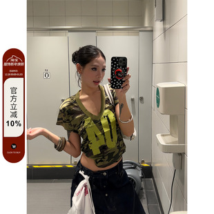 休闲v领显瘦短款 F383 T恤夏季 复古迷彩字母印花短袖 辣妹上衣 美式