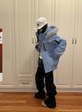 F383 2025美式复古潮牌毛领连帽派克服男女冬季户外保暖棉服外套