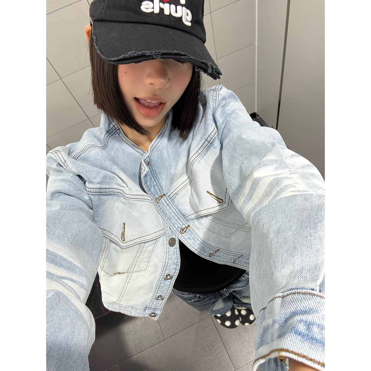 F383 美式复古猫须磨白立领牛仔夹克女水洗酷飒风宽松短款外套ins