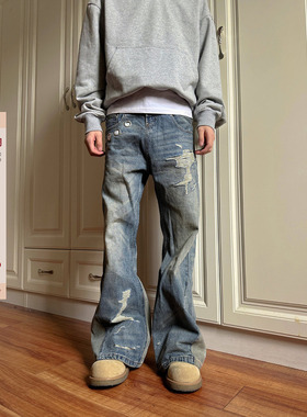 F383 2026美式复古双腰头牛仔裤割破设计小众做旧宽松直筒男女ins